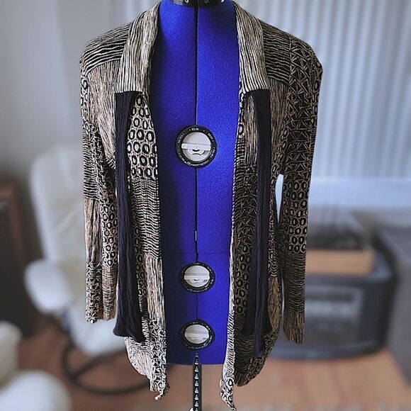 Vtg crêpe abstract print open front long sleeve blouse - Picture 2 of 13